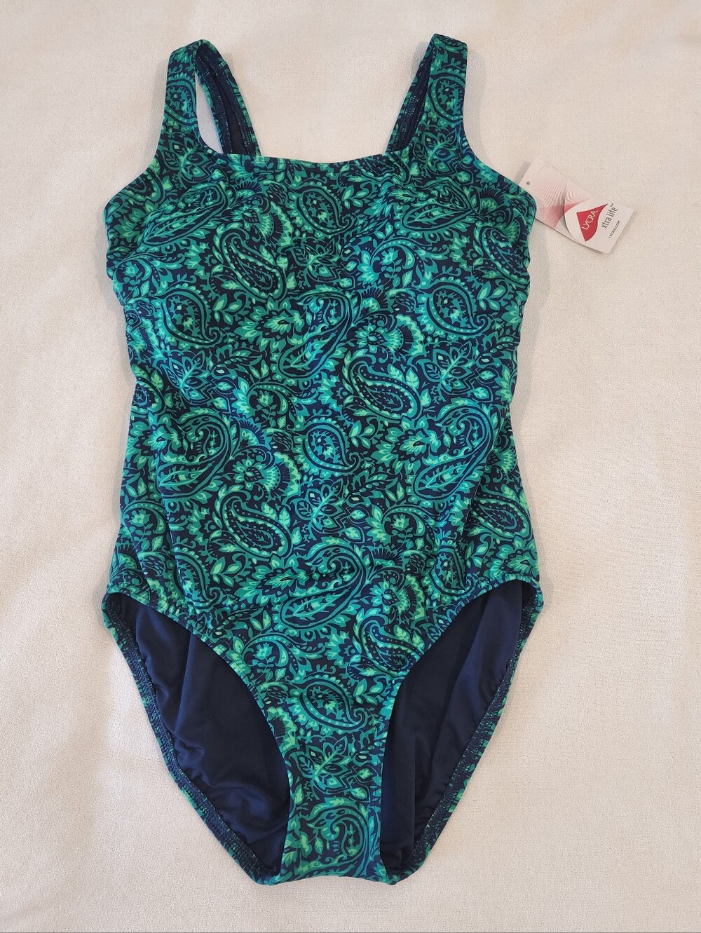 NWT Lands End Size 10D 10 D Blue Green Paisley 1pc Swimsuit Built In Padded Bra